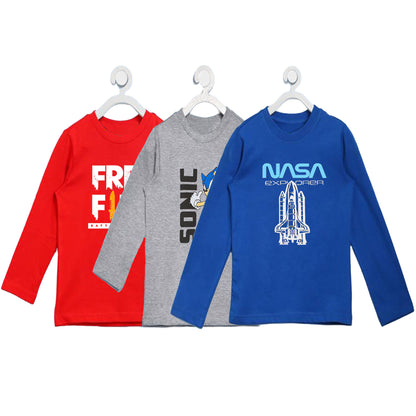 Pack Of 3 - Full Sleeves T-Shirts, Free Fire, Sonic, NASA